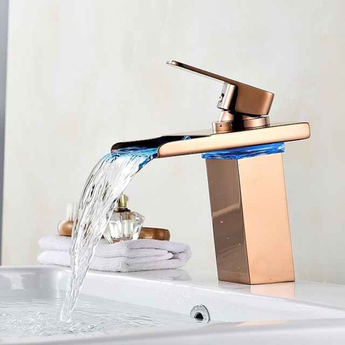 Bathroom Sink Faucet with Supply Hose,LED Waterfall Spout Single Handle Single Hole Vessel Lavatory Faucet,Slanted Body Basin Mixer Tap