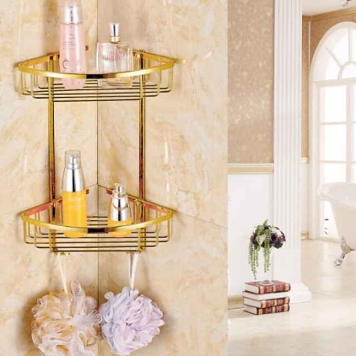 Double-deck Brass Material Triangular Storage Basket for Bathroom with 2 Hooks Polished Bath Corner Shelf Gold 1pc