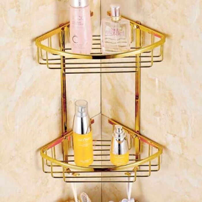 Double-deck Brass Material Triangular Storage Basket for Bathroom with 2 Hooks Polished Bath Corner Shelf Gold 1pc