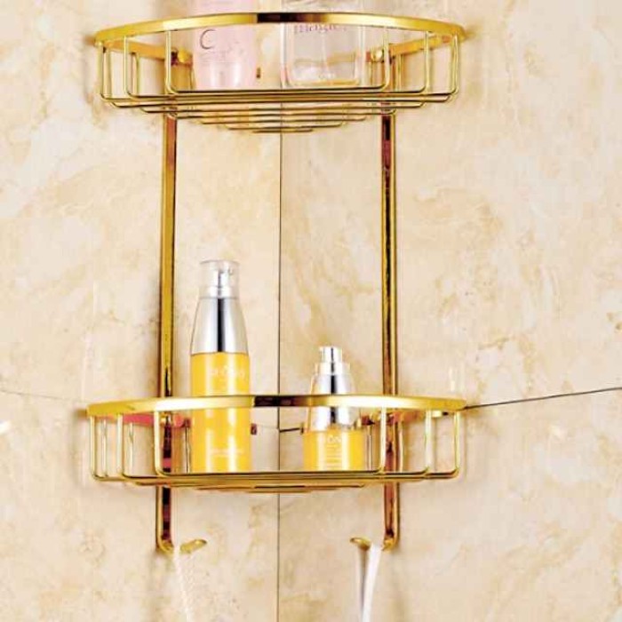 Double-deck Brass Material Triangular Storage Basket for Bathroom with 2 Hooks Polished Bath Corner Shelf Gold 1pc