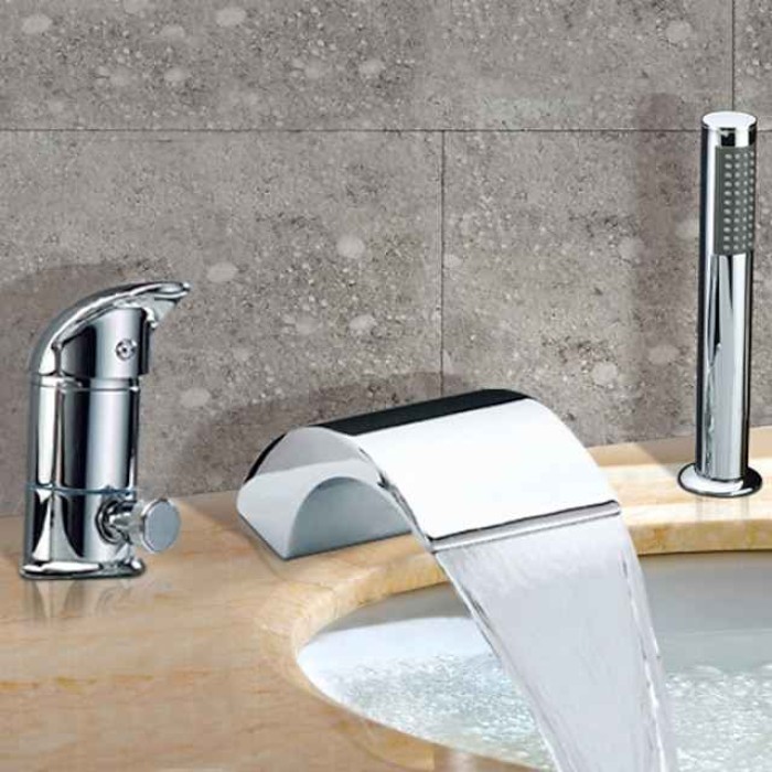 Stainless Steel Roman Tub Bathtub FaucetWaterfall Widespread Contemporary Chrome Ceramic Valve Bath Shower Mixer Taps with Hot and Cold Switch