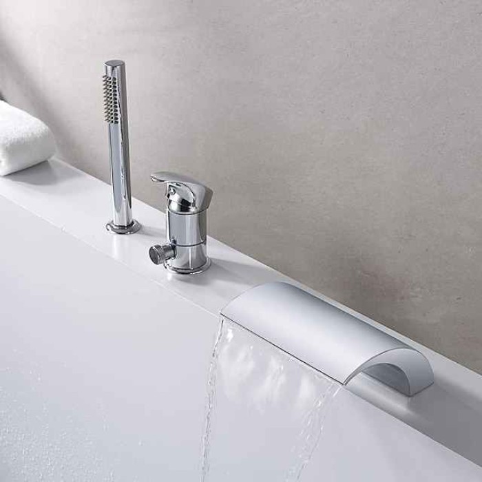 Stainless Steel Roman Tub Bathtub FaucetWaterfall Widespread Contemporary Chrome Ceramic Valve Bath Shower Mixer Taps with Hot and Cold Switch