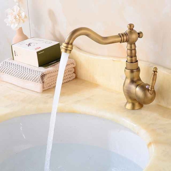 Antique Brass Bathroom Sink Faucet,Single Handle One Hole Traditional Bath Taps with Hot and Cold Water and Ceramic Valve