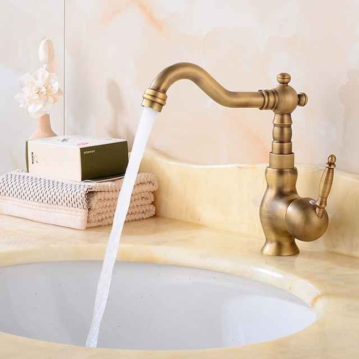 Antique Brass Bathroom Sink Faucet,Single Handle One Hole Traditional Bath Taps with Hot and Cold Water and Ceramic Valve