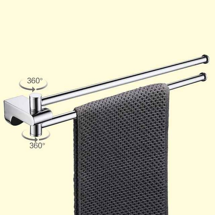 Towel Rack with 2 Rods Rotatable Towel Holder Brass Wall Mounted Towel Rack for Bathroom or Kitchen Silvery 1pc