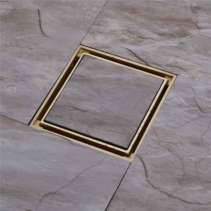 4 inch Shower Floor Drain Square, Removable Brass Flange Reversible 2-in-1 Cover Tile Insert Grate, Hair Catcher Strainer Black Chrome Golden