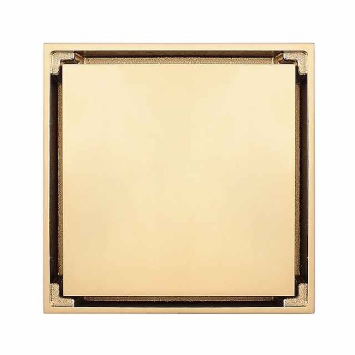 4 inch Shower Floor Drain Square, Removable Brass Flange Reversible 2-in-1 Cover Tile Insert Grate, Hair Catcher Strainer Black Chrome Golden