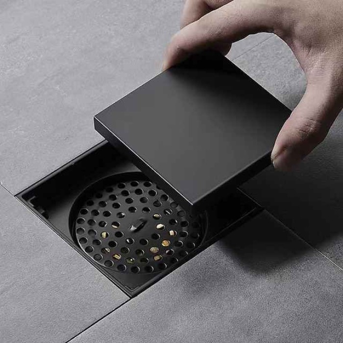 4 inch Shower Floor Drain Square, Removable Brass Flange Reversible 2-in-1 Cover Tile Insert Grate, Hair Catcher Strainer Black Chrome Golden