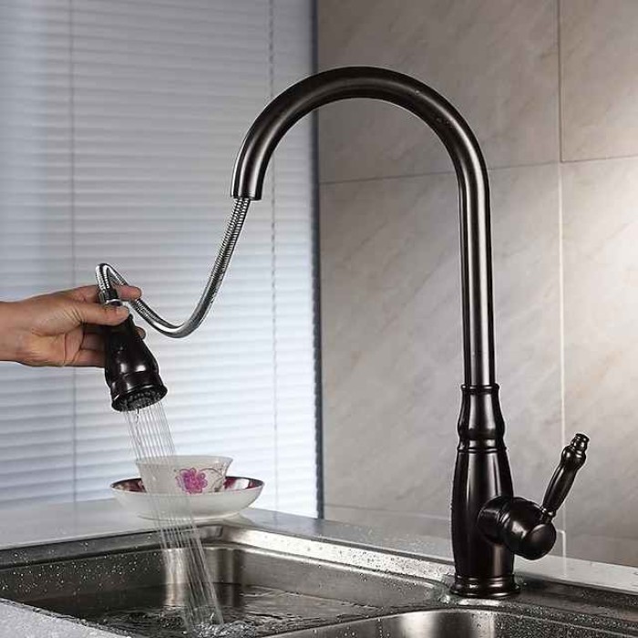 Kitchen Sink Mixer Faucet with Pull Out Sprayer, High Arc Brass Silver/Coffee Single Handle One Hole Oil-rubbed Bronze Pull Down Tall Kitchen Taps with Hot and Cold Water Hose