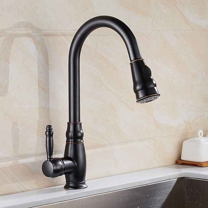 Kitchen Sink Mixer Faucet with Pull Out Sprayer, High Arc Brass Silver/Coffee Single Handle One Hole Oil-rubbed Bronze Pull Down Tall Kitchen Taps with Hot and Cold Water Hose