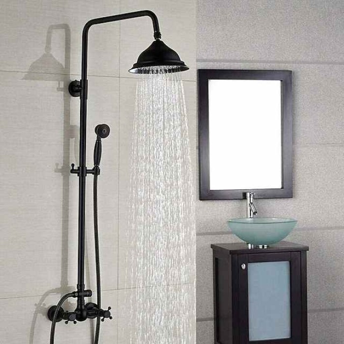 Vintage Shower System Faucet Combo Set Ceramic Mixer Valve, 8 inch Brass Rainfall Shower Head Showerhead with Handheld Spray, Antique Wall Mounted Tub and Shower Kit Bathroom Bath