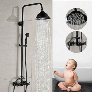 Vintage Shower System Faucet Combo Set Ceramic Mixer Valve, 8 inch Brass Rainfall Shower Head Showerhead with Handheld Spray, Antique Wall Mounted Tub and Shower Kit Bathroom Bath