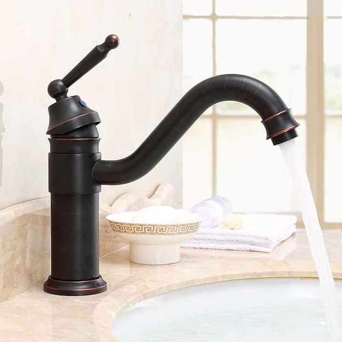 Antique ORB Black Bathroom Sink Faucet,FaucetSet Centerset Single Handle One Hole Bath Taps with Hot and Cold Switch