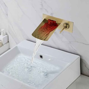 LED Bathroom Sink Mixer Faucet Waterfall Spout 3 Color Water Temperature, Basin Vessel Taps Brass Wall Mounted Single Handle Two Hole Bath Taps With Cold and Hot Hose