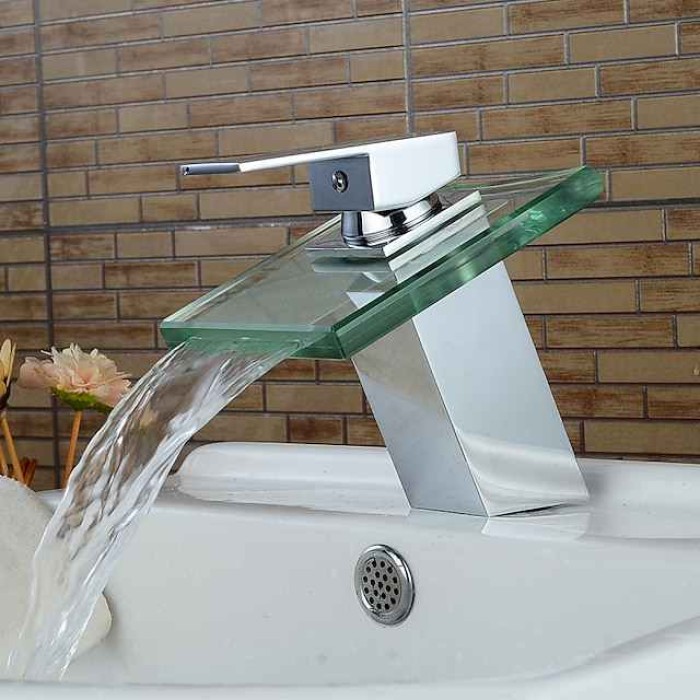 Modern Chrome Glass Waterfall Bathroom Basin Single Handle One Hole Bath Taps with Hot and Cold Water Switch