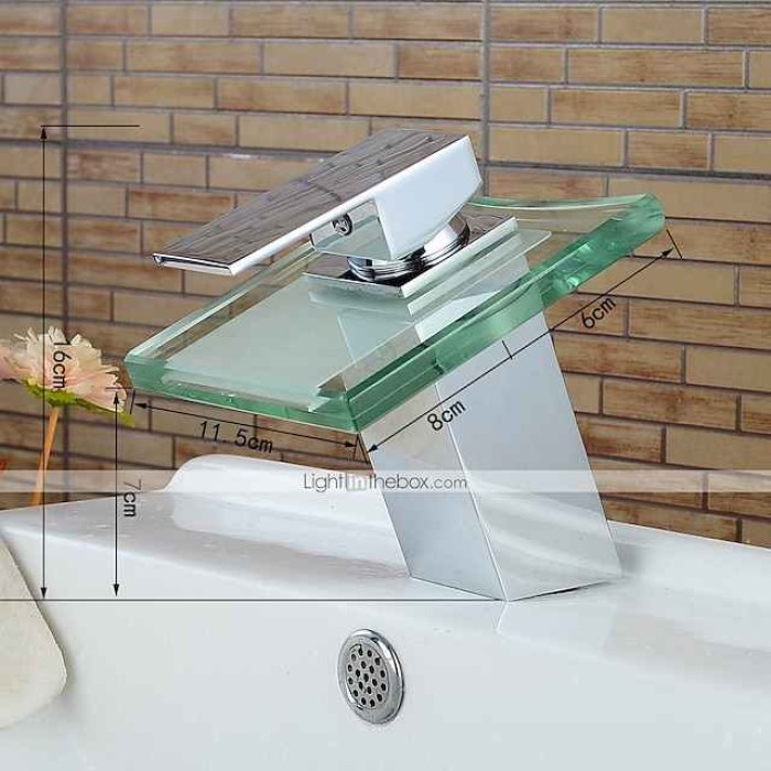 Modern Chrome Glass Waterfall Bathroom Basin Single Handle One Hole Bath Taps with Hot and Cold Water Switch