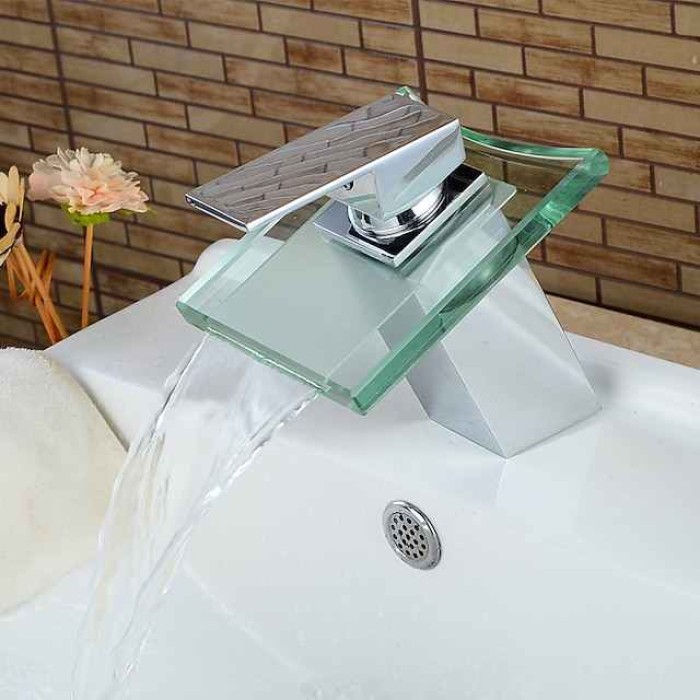 Modern Chrome Glass Waterfall Bathroom Basin Single Handle One Hole Bath Taps with Hot and Cold Water Switch