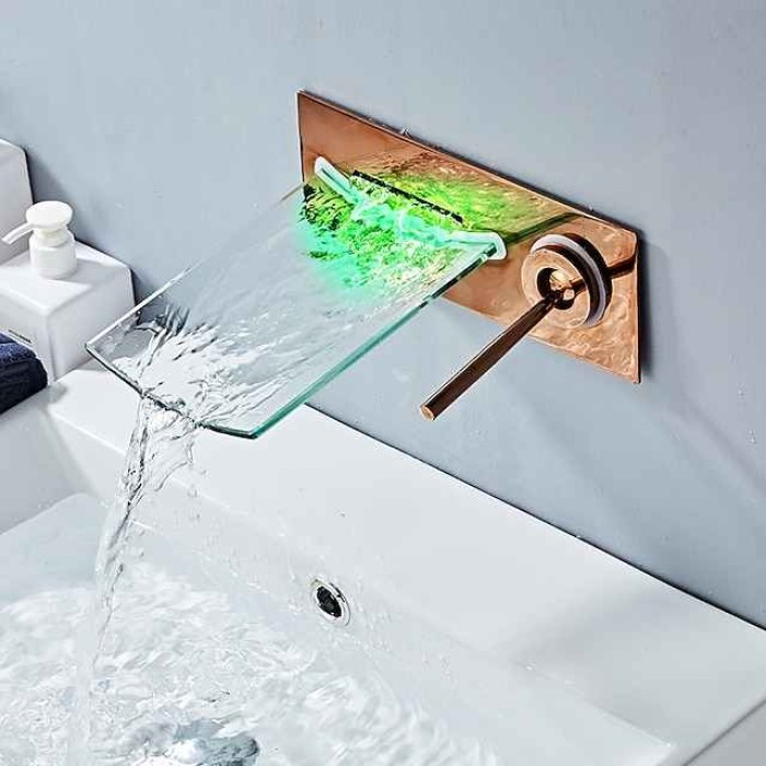 Wall Mounted Bathroom Sink Faucet,Single Handle Two Holes LED  Waterfall Contemporary Chromium Plating Bath Taps with Hot and Cold Water