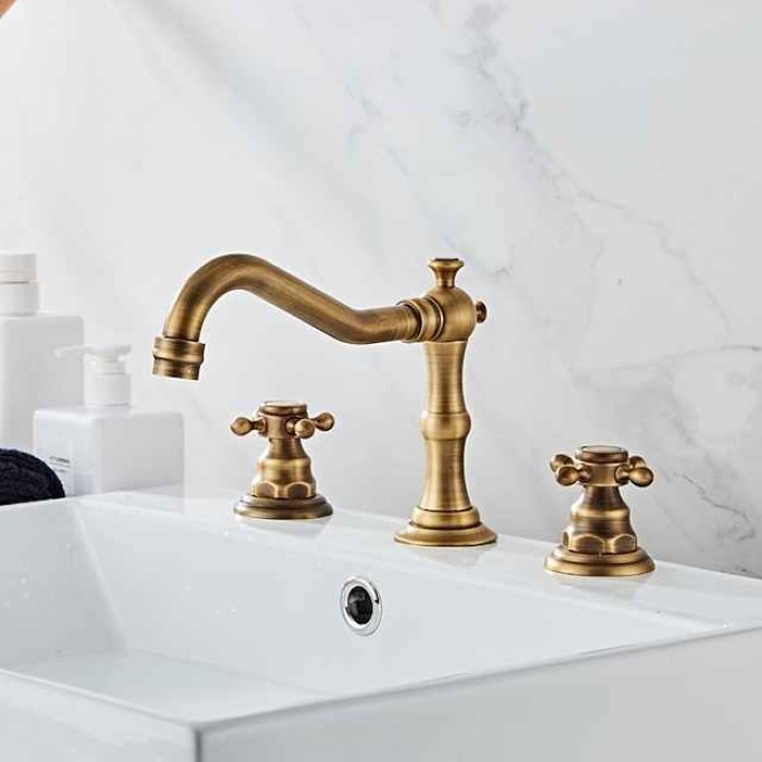 Brass Bathroom Faucet, Brushed Finish Antique Copper Two Handles Three Holes Widespread Bathroom Sink Faucet Contain with Cold and Hot Switch