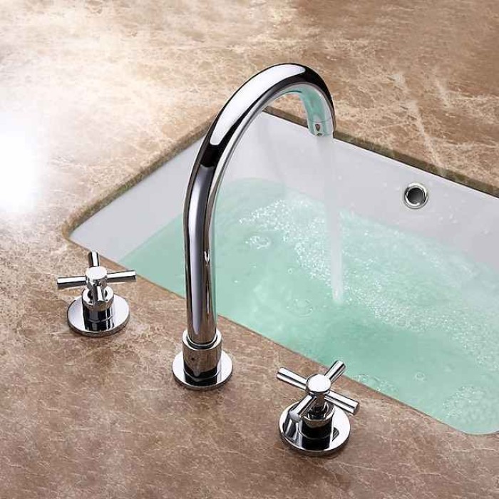 Brass Bathroom Faucet, Chrome Two Handles Three Holes Widerspread Contemporary Bathroom Sink Faucet with Hot and Cold Water