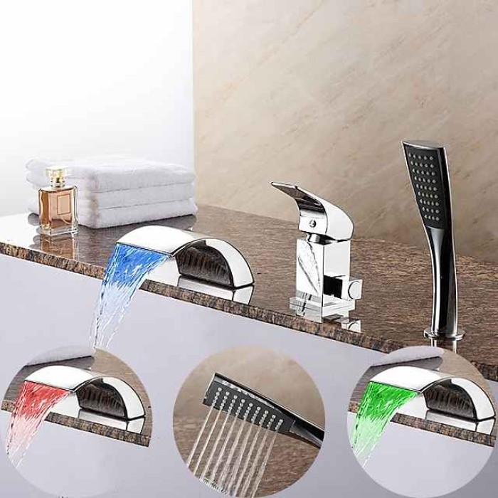 Bathtub Faucet Waterfall Spout LED 3 Color Water Flow with Heldhand Shower, Widespread Bath Roman Tub Filler Mixer Tap Bathroom 3 Hole Deck Mounted