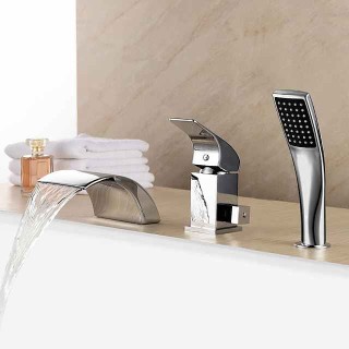 Waterfall Bathtub Faucet Deck Mounted, Bath Tub Filler Mixer Tap Set Handheld 3 Hole 2 Spout with Hand Sprayer, Brass Shower Ceramic Valve Kit Bathroom