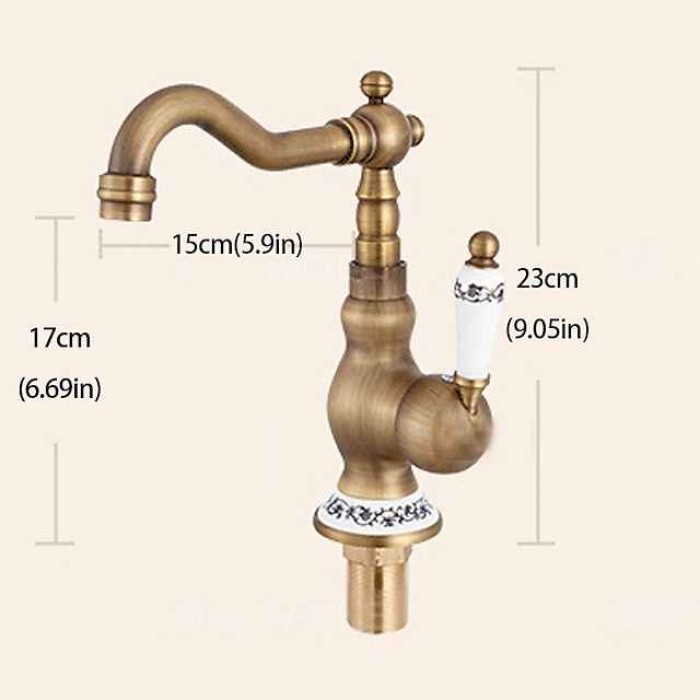 Bathroom Sink Faucet,Antique Brass Retro Style Single Handle One Hole Standard Spout Rotatable Faucet Set with Ceramic Handle and Hot/Cold Water