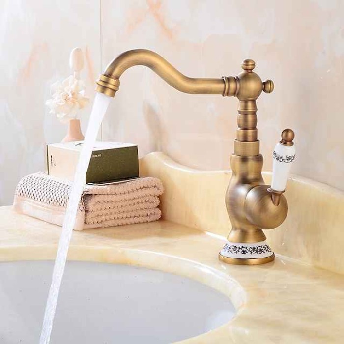 Bathroom Sink Faucet,Antique Brass Retro Style Single Handle One Hole Standard Spout Rotatable Faucet Set with Ceramic Handle and Hot/Cold Water