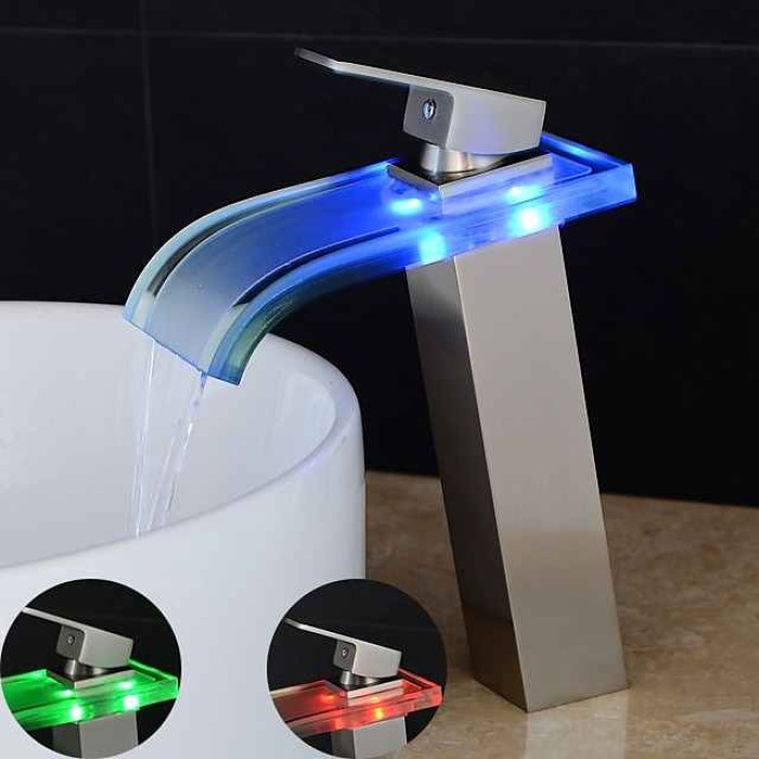 LED Bathroom Sink Mixer Faucet Waterfall Spout 3 Color Temperature, Tall Vessel Taps Single Handle One-hole Monobloc Basin Taps Washroom