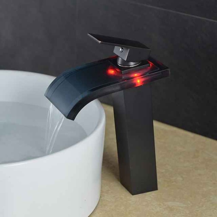 LED Bathroom Sink Mixer Faucet Waterfall Spout 3 Color Temperature, Tall Vessel Taps Single Handle One-hole Monobloc Basin Taps Washroom