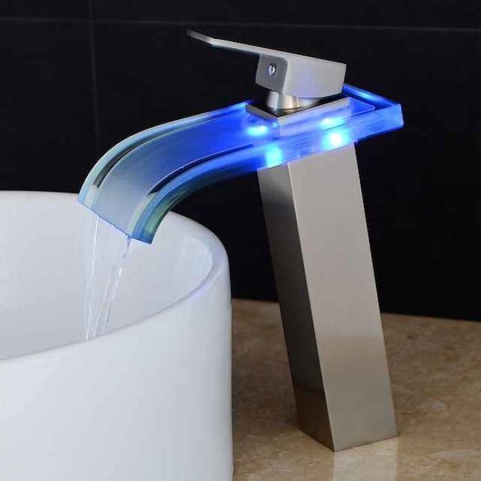 LED Bathroom Sink Mixer Faucet Waterfall Spout 3 Color Temperature, Tall Vessel Taps Single Handle One-hole Monobloc Basin Taps Washroom