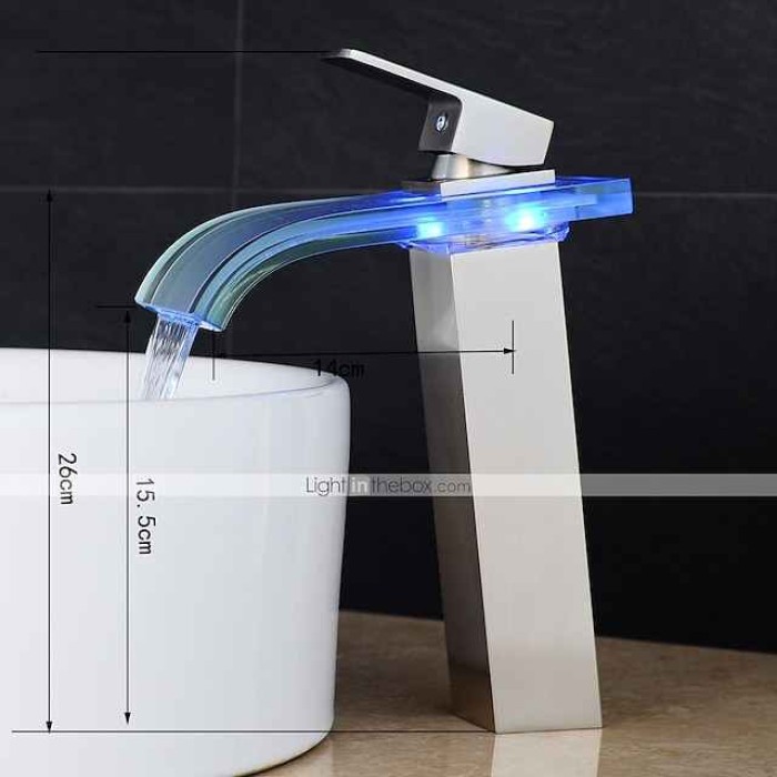 LED Bathroom Sink Mixer Faucet Waterfall Spout 3 Color Temperature, Tall Vessel Taps Single Handle One-hole Monobloc Basin Taps Washroom