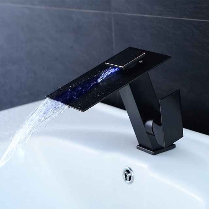 Bathroom Faucet LED Waterfall Spout 3 Color Changes with Temperature, Sink Mixer Mono Basin Taps, Single Handle One Hole Brass Washroom Vessel Tap Deck Mounted