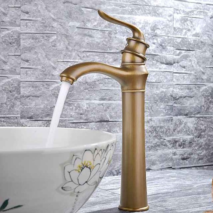 Brass Bathroom Sink Faucet,Waterfall Antique Brass Widespread Water Flow Single Handle One Hole Bath Taps with Hot and Cold Switch