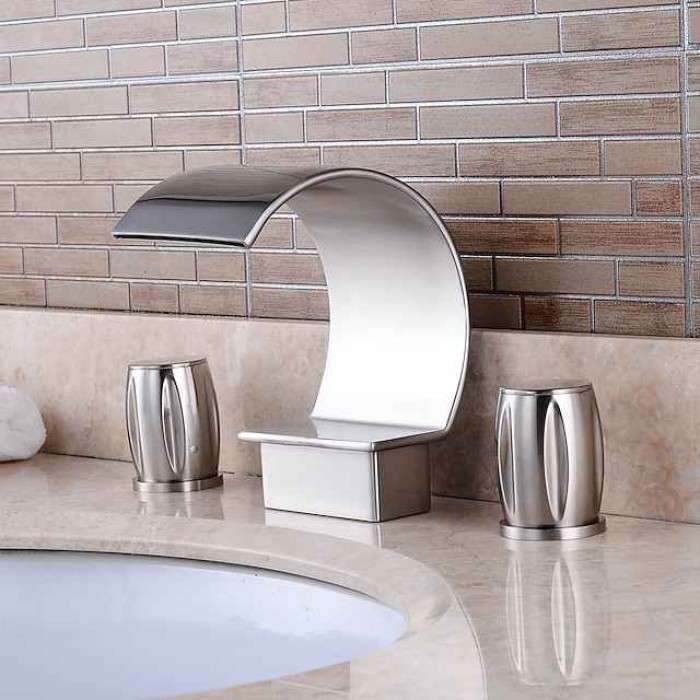 Bathroom Sink Faucet,Silvery Two Handles Three Holes Deluxe Waterfall Brush Polished Widespread Brass Bathroom Sink Faucet With Cold and Hot Switch