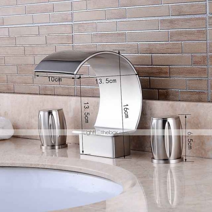 Bathroom Sink Faucet,Silvery Two Handles Three Holes Deluxe Waterfall Brush Polished Widespread Brass Bathroom Sink Faucet With Cold and Hot Switch