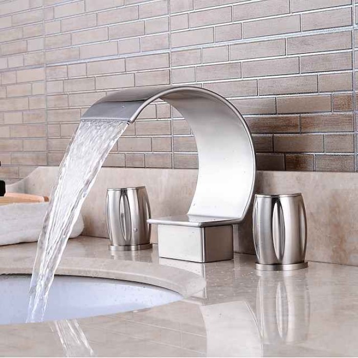 Bathroom Sink Faucet,Silvery Two Handles Three Holes Deluxe Waterfall Brush Polished Widespread Brass Bathroom Sink Faucet With Cold and Hot Switch