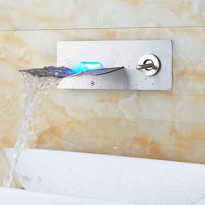 Bathroom Sink Faucet - LED / Wall Mount / Waterfall Brushed Wall Mounted Two Holes / Single Handle Two HolesBath Taps