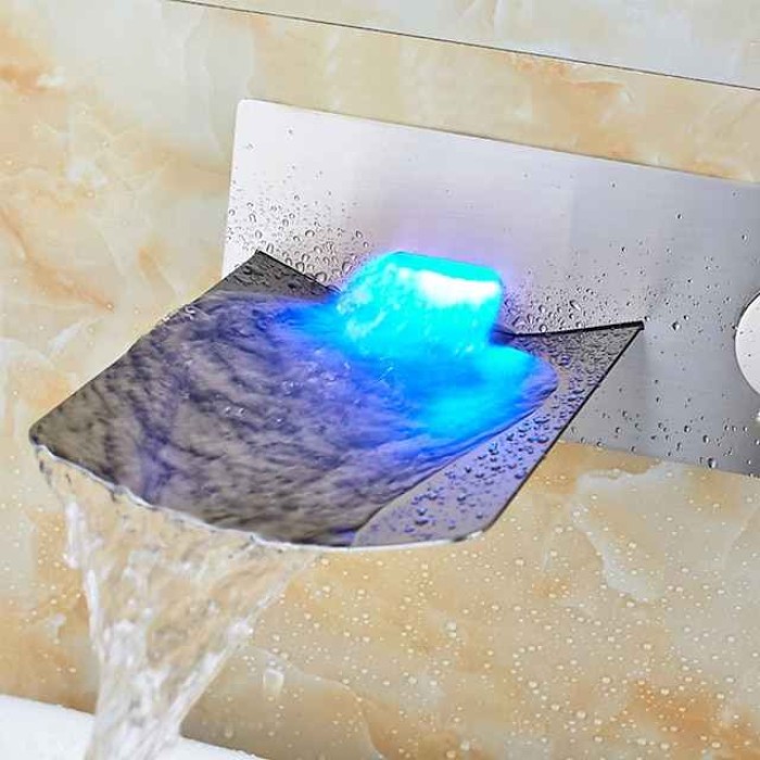 Bathroom Sink Faucet - LED / Wall Mount / Waterfall Brushed Wall Mounted Two Holes / Single Handle Two HolesBath Taps