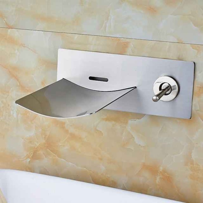 Bathroom Sink Faucet - LED / Wall Mount / Waterfall Brushed Wall Mounted Two Holes / Single Handle Two HolesBath Taps