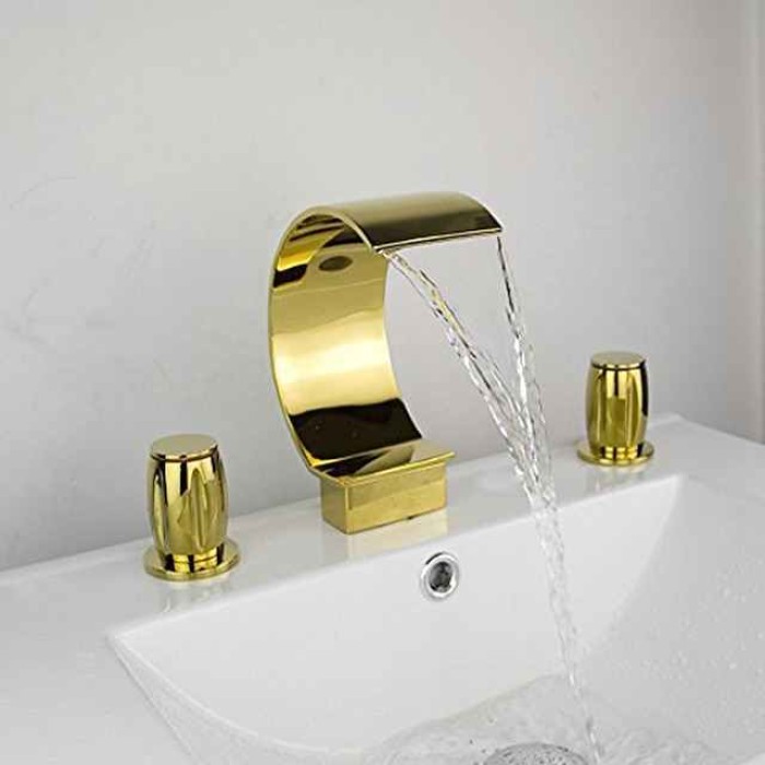 Widespread Bathroom Sink Faucet,Two Handle Three Holes, Brass Waterfall Chrome Bath Taps