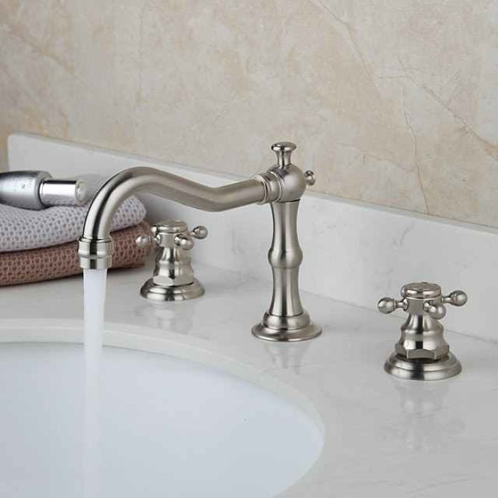 Bathroom Sink Faucet,Widespread Two Handle Three Holes, Brass Bath Taps, Brass Bathroom Sink Faucet Contain with Cold and Hot Water