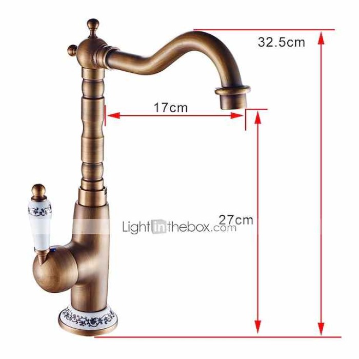 Bathroom Sink Faucet,Antique Brass Single Handle  One Hole Bath Taps, Retro Style Ceramic Handle Rotatable Faucet with Hot and Cold Switch