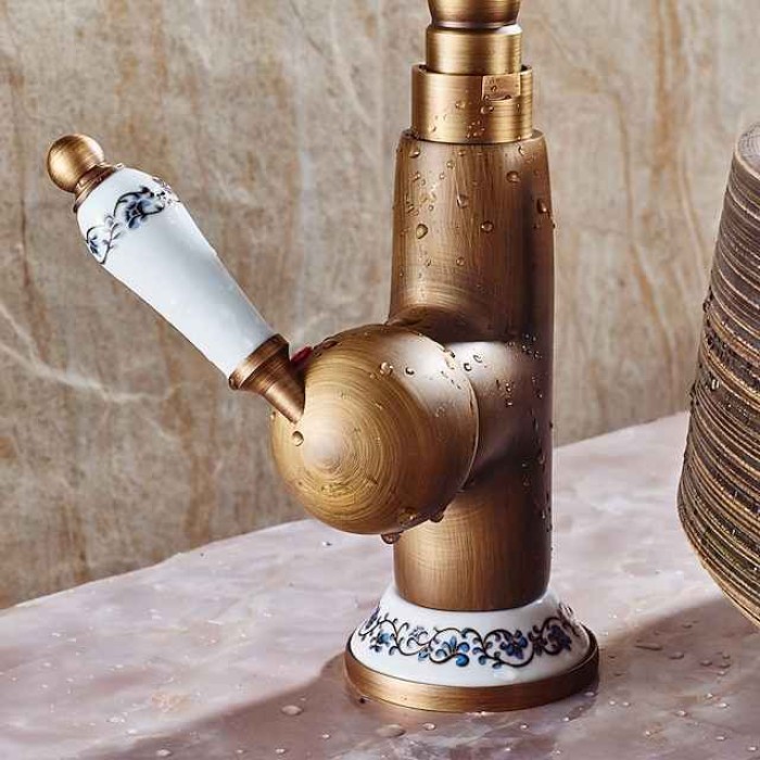 Bathroom Sink Faucet,Antique Brass Single Handle  One Hole Bath Taps, Retro Style Ceramic Handle Rotatable Faucet with Hot and Cold Switch