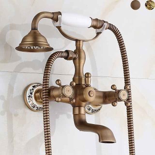 Bathtub Filler Cold/Hot Water Mixer Clawfoot Antique Copper Finish Wall Mount Tub Filler with Hand Held Shower Faucet 2 Cross Handles with Tub Spout Vintage Style