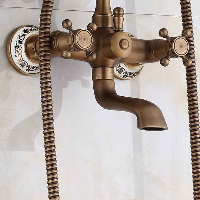 Bathtub Filler Cold/Hot Water Mixer Clawfoot Antique Copper Finish Wall Mount Tub Filler with Hand Held Shower Faucet 2 Cross Handles with Tub Spout Vintage Style