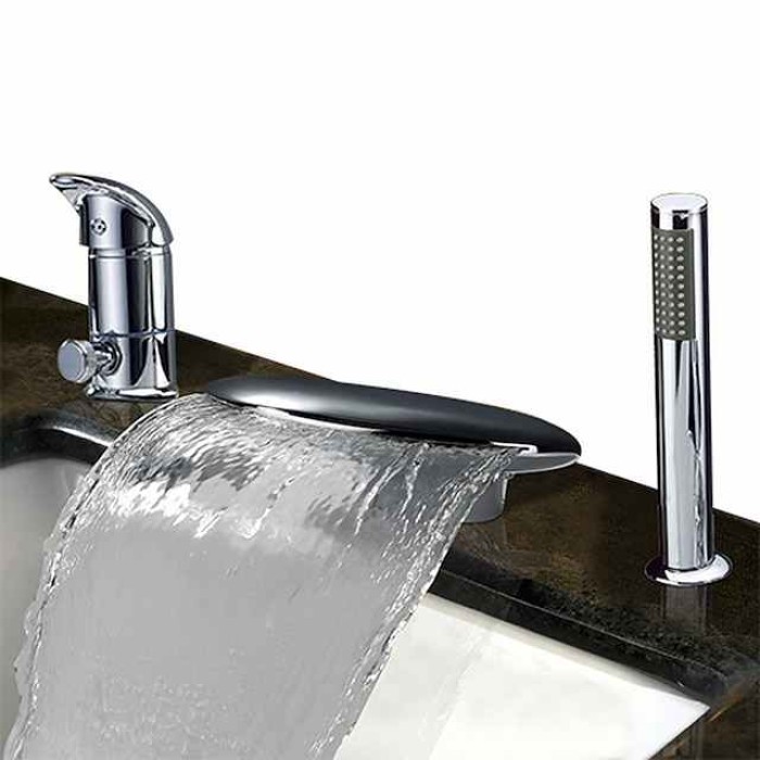 Stainless Steel Bathtub Faucet,Roman Tub Contemporary Chrome Single Handle Three Holes Bath Shower Mixer Taps with Hot and Cold Switch and Ceramic Valve