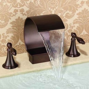 Widespread Bathroom Sink Faucet,Two Handle Three Holes, Brass Waterfall Oil-rubbed Bronze Bath Taps