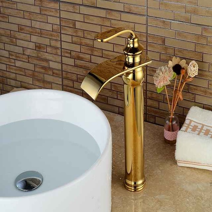 Bathroom Sink Faucet - Waterfall Ti-PVD Centerset Single Handle One HoleBath Taps / Brass