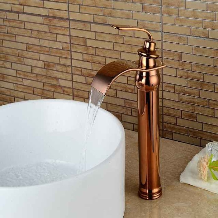 Brass Bathroom Sink Faucet,Waterfall Rose Gold Centerset Single Handle One Hole Bath Taps with Hot and Cold Water